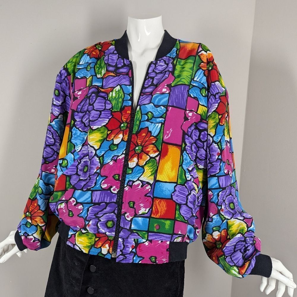 Vintage 90s Floral Bomber Jacket Large Colorblock Poppy Print Zip Up